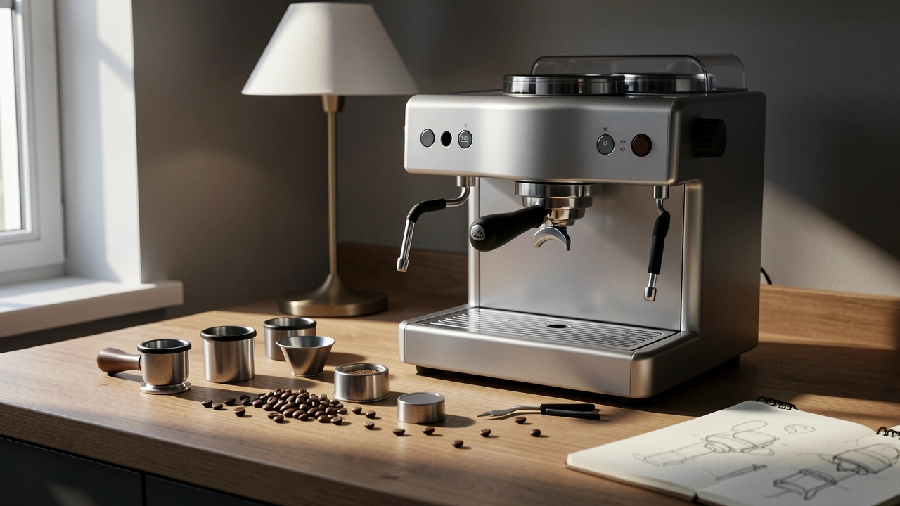 Cinematic still life of espresso machine and portafilter accessories on a wooden counter