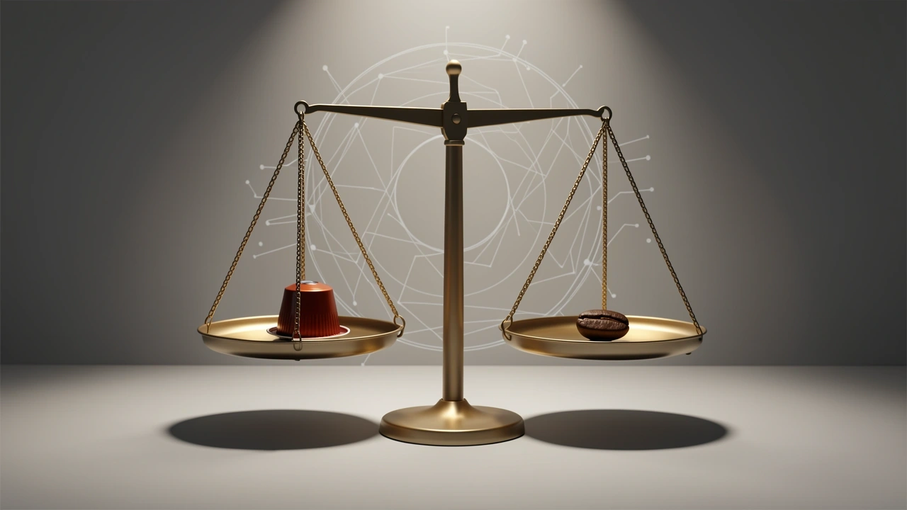 Balance scales with capsule and bean, cinematic lighting and data halo