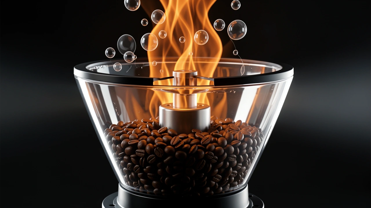 Cross-section of a coffee hopper showing heat, light, and oxygen attacking beans