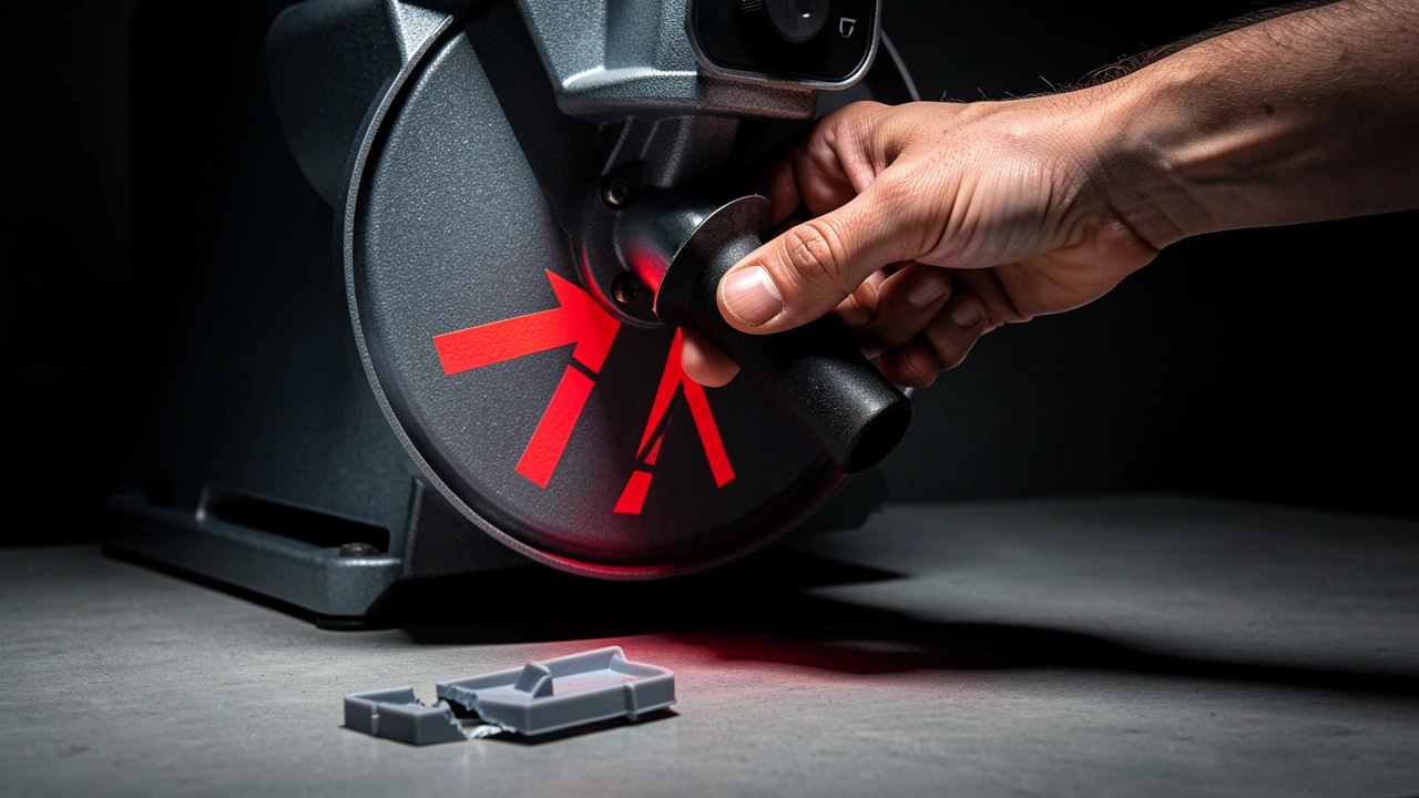 Hand twisting grinder hopper incorrectly with cracked plastic guide and warning shadow