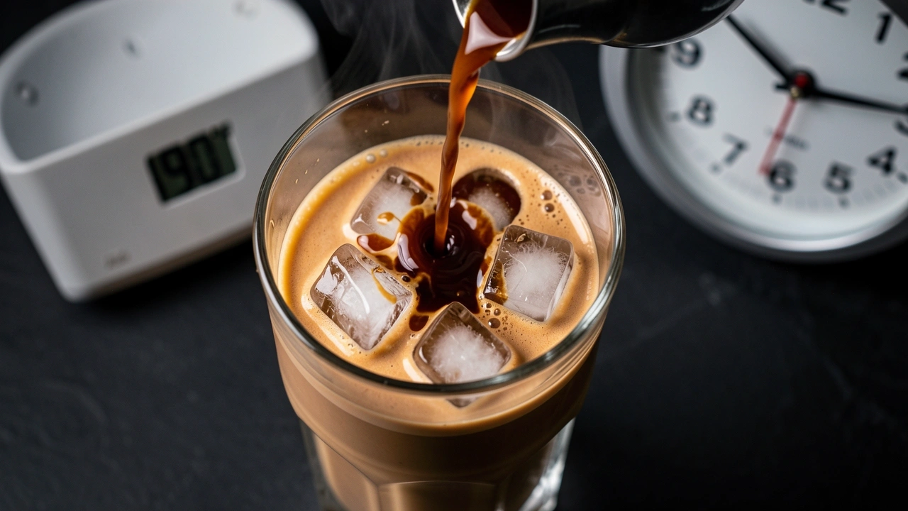 Hot espresso causing ice melt Hot espresso poured over ice cubes causing rapid melting overhead view