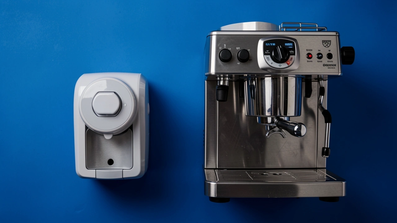 Side view of a plastic pod machine next to a large commercial coffee machine on a flat surface.