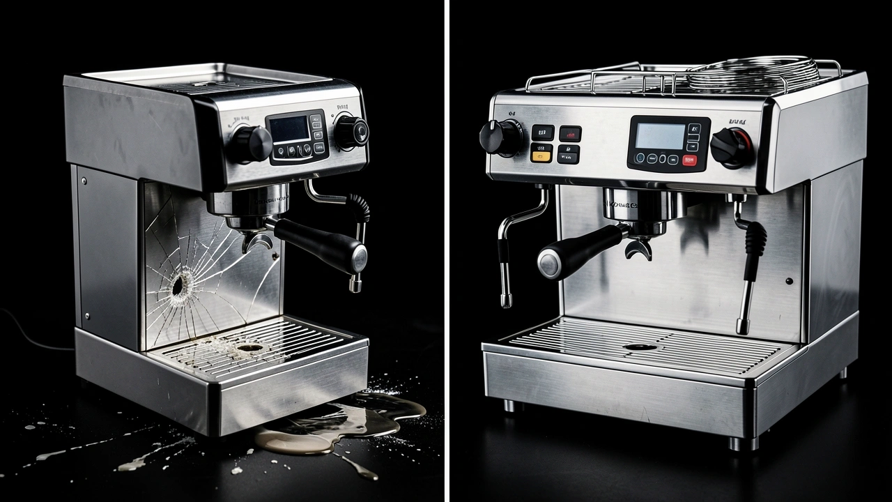 Split composition showing damaged home espresso and pristine commercial machine under dramatic lighting.