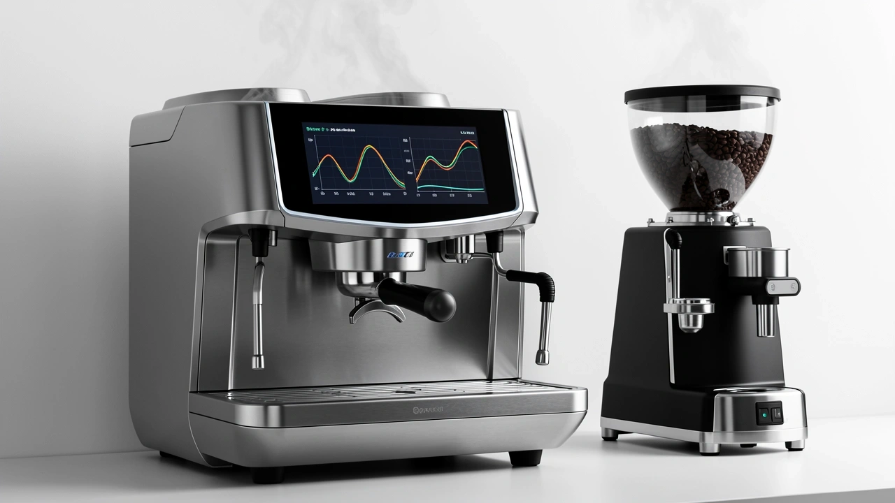 Futuristic semi-automatic espresso machine with a digital screen and grinder.