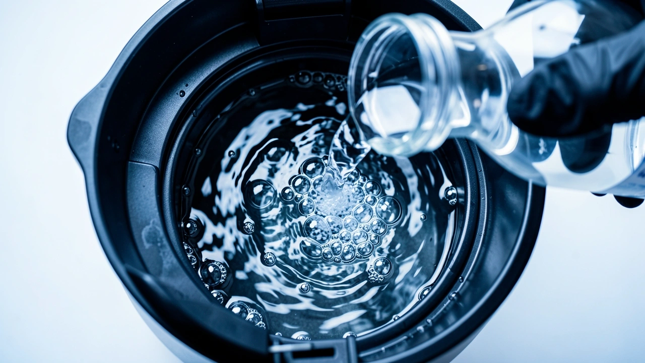Pouring hydrogen peroxide into coffee maker reservoir