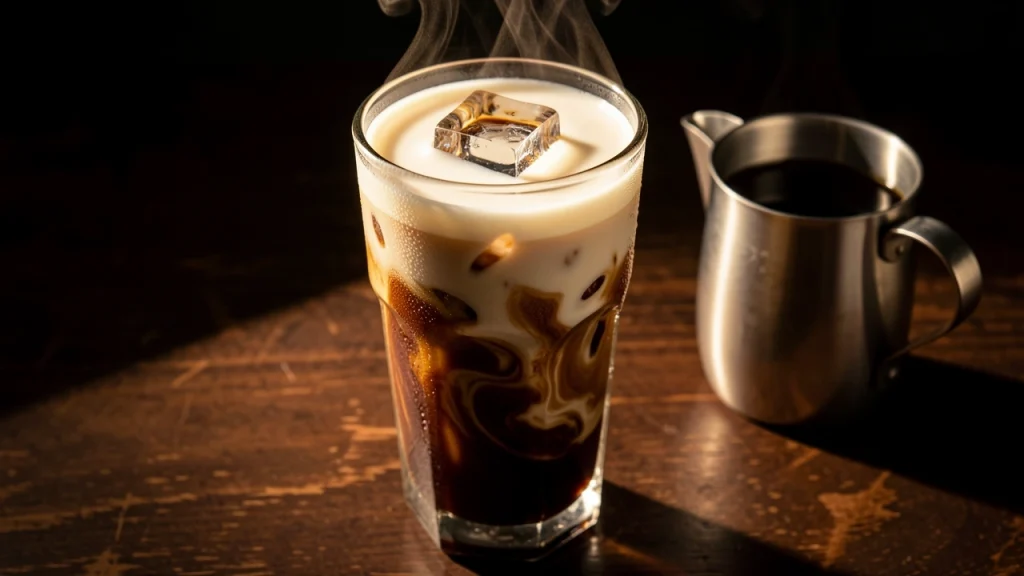 Iced latte with large ice cube in glass on dark table cinematic lighting