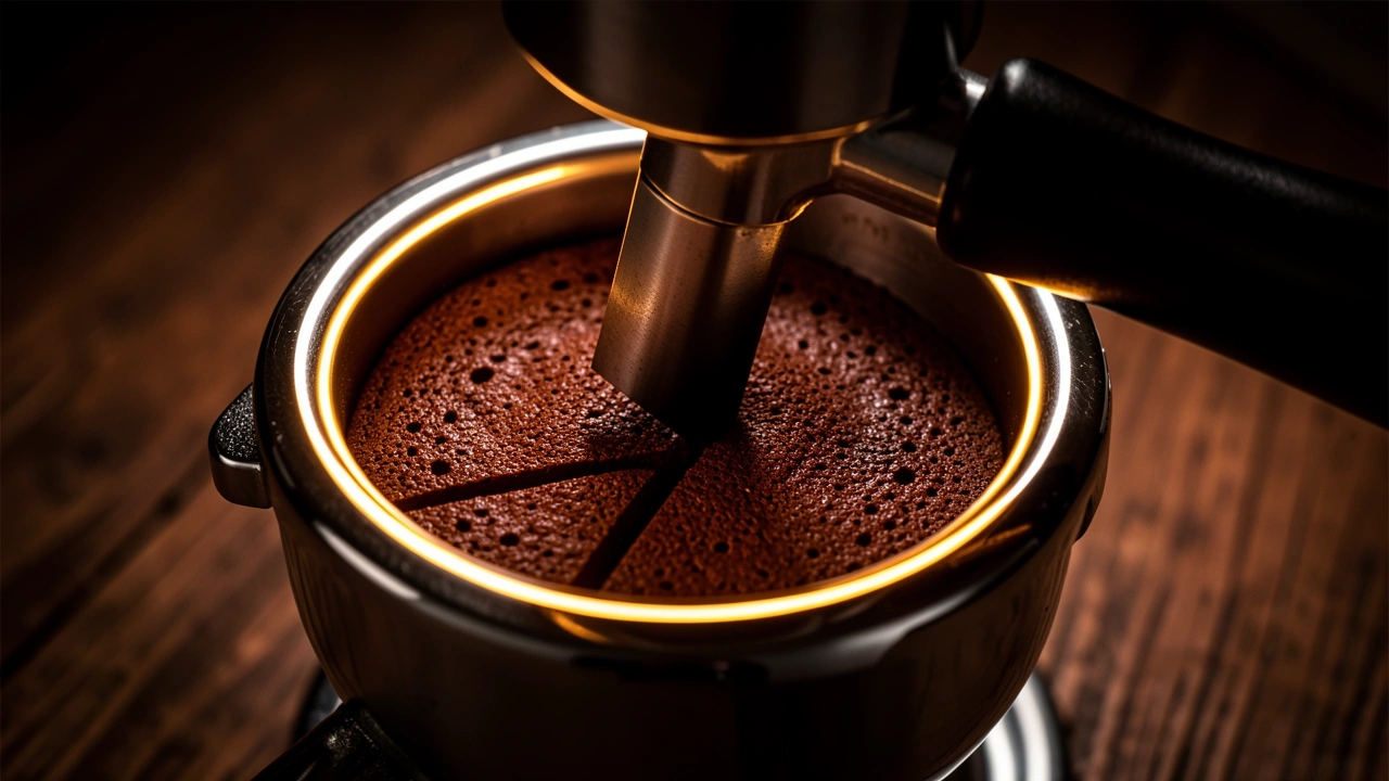 Angled tamper over portafilter basket with wedge shadow illustrating uneven compaction risks