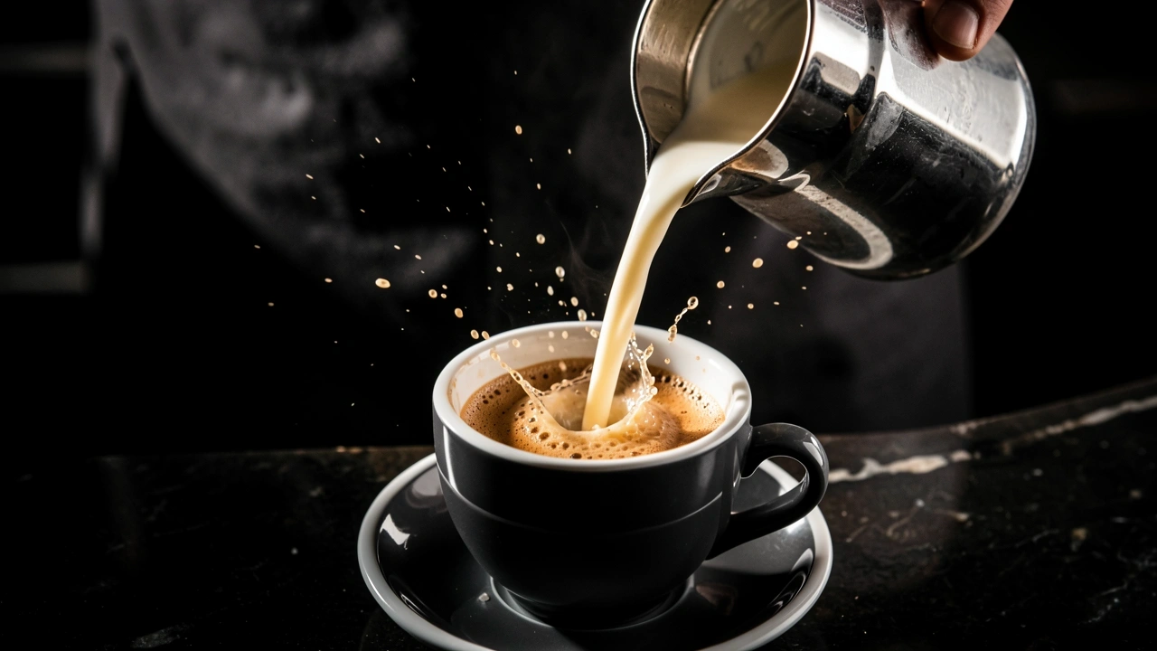 Barista pouring milk from too high into espresso cup
