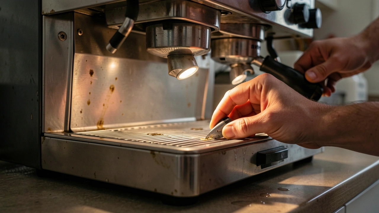 Hands of a buyer inspecting the underside of a used espresso machine with a flashlight and pulled-out drip tray.
