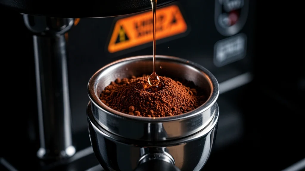 Instant coffee granules dissolving in a portafilter basket, symbolizing damage to an espresso machine.