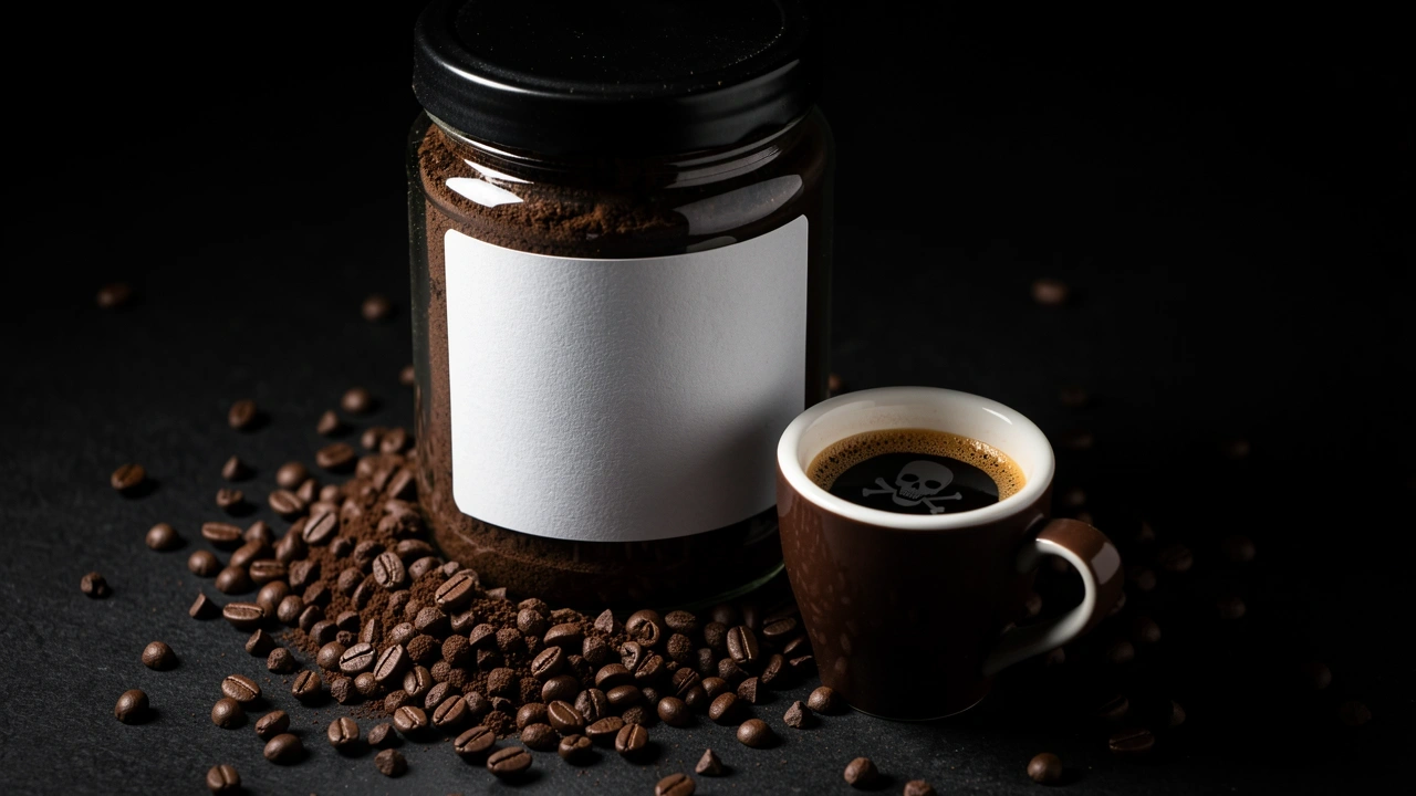 Misconception – Instant Espresso Powder Is Still Instant Coffee Jar of instant espresso powder labeled generically, with espresso cup and skull symbol made of grounds, warning against misuse.