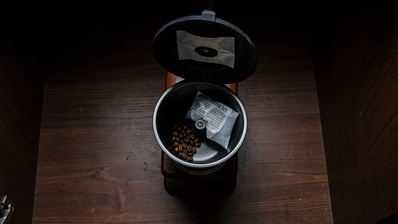 Flat lay of a hopper with small bean quantity, silica pack, and cabinet shadows