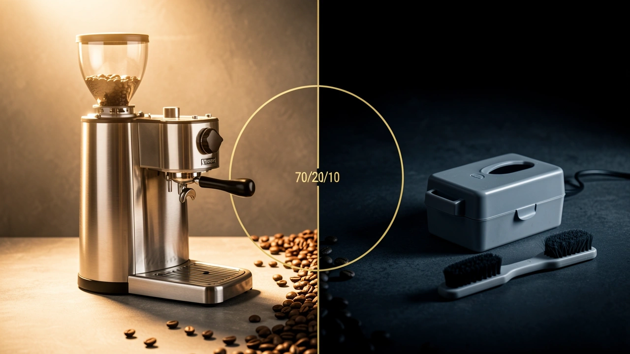 70-20-10 Kiosk Budget Allocation Conceptual still life with high-end grinder and machine in bright light, cheap knock box and brush in shadows, separated by coffee beans.