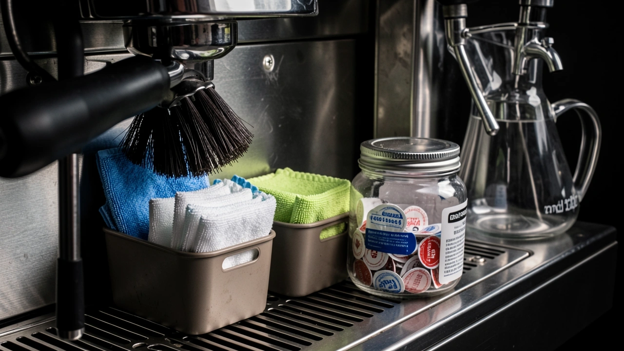 Kiosk Cleaning Station Essentials Organized cleaning tools near an espresso machine: brush, colored cloths, backflush packets, and pitcher rinser on a kiosk counter.