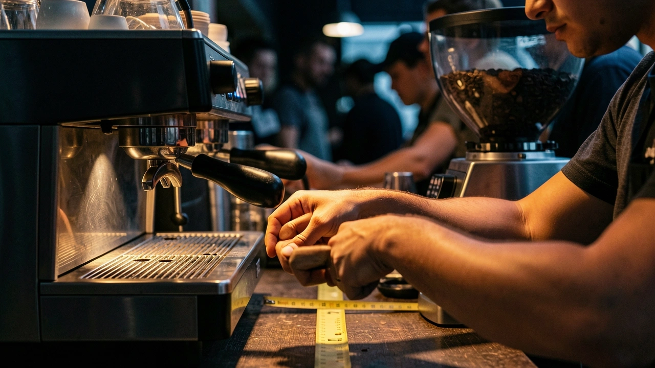 Kiosk Counter Space Constraint Workflow Barista hands working at a compact kiosk counter with espresso machine and grinder in tight space, measuring tape visible.