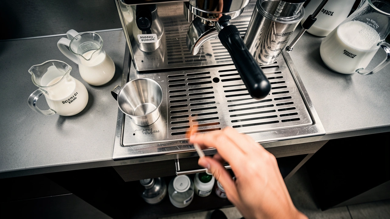 Kiosk Workflow Speed Tools Top-down view of dosing funnel, calibrated scoop, drip tray, and pre-portioned containers on a kiosk counter with motion-blurred hand.