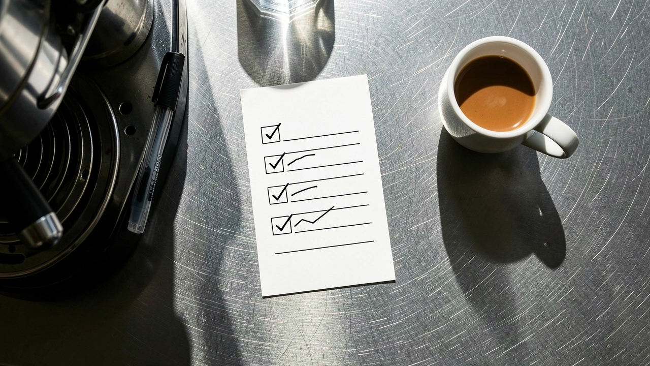 Top-down shot of a laminated checklist card and pen next to a coffee machine on a counter.