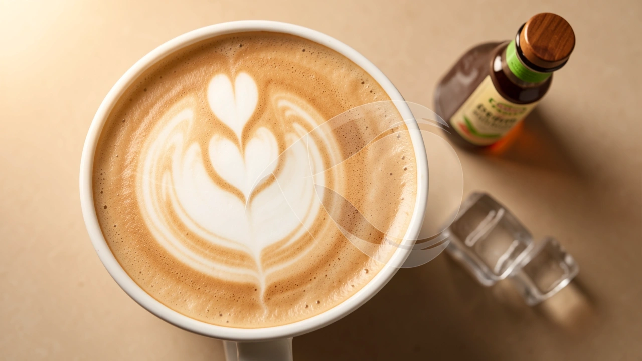 Top-down view of latte with milk art, syrup bottle, and ice cubes