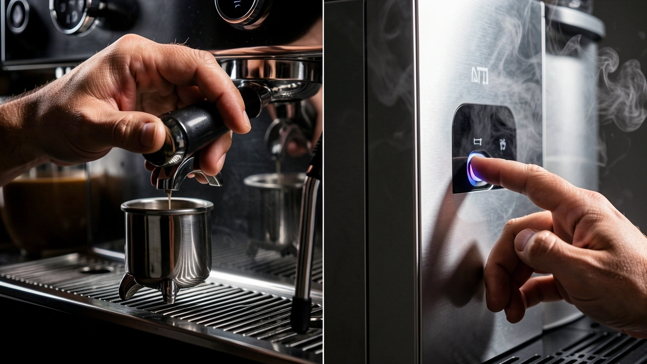 Hands showing manual espresso preparation vs pressing a button on an automatic machine.