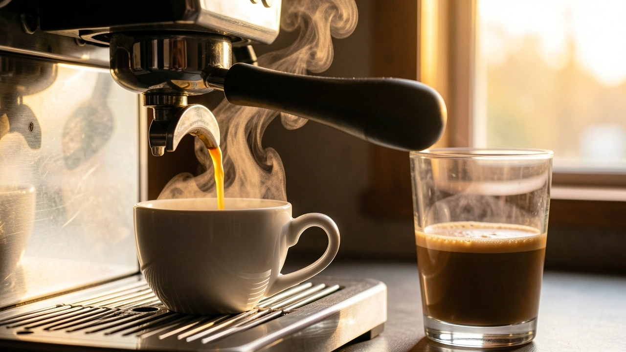 Close-up of espresso falling into cup with steam, beside a half-mixed coffee liquid