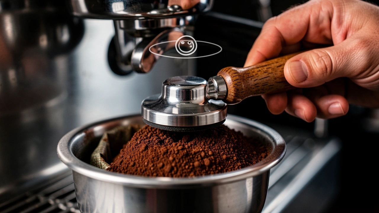 Hand holding a calibrated tamper level over coffee puck in portafilter