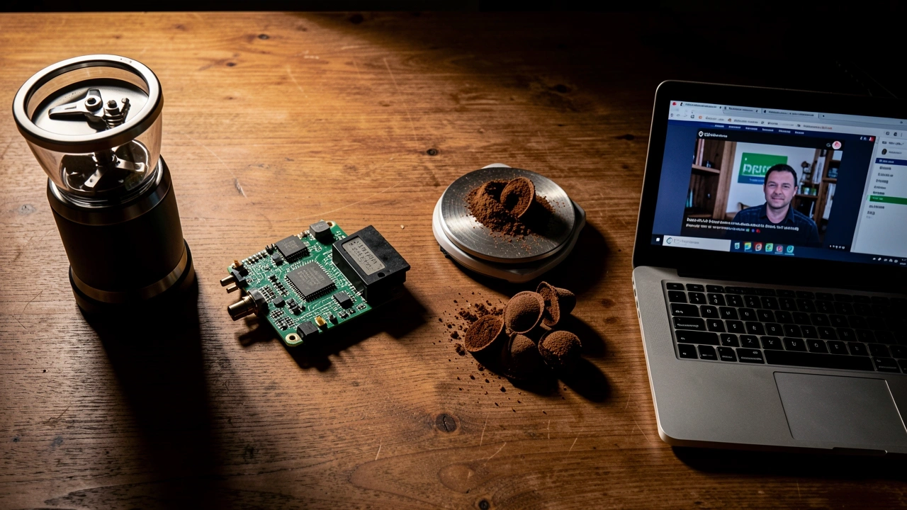Four objects representing prerequisites for light roast espresso: expensive grinder, PID controller, wasted coffee doses, tutorial laptop