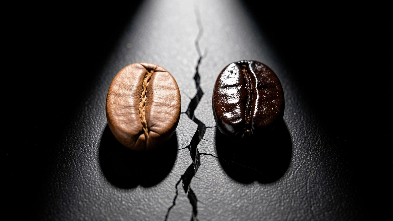Drip vs Espresso Coffee Beans Macro shot comparing a light drip roast coffee bean to a dark espresso roast bean