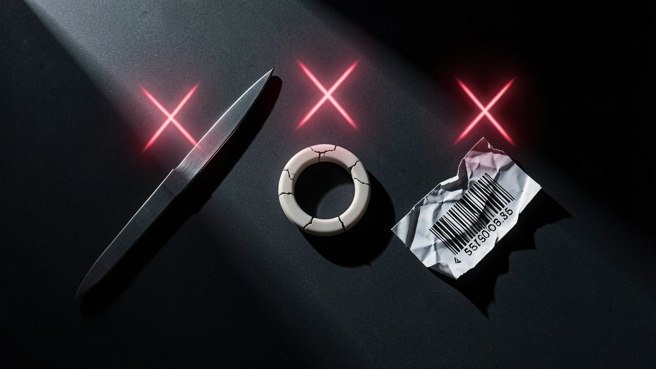Cinematic flat lay of metal blade cracked silicone ring and crumpled barcode sticker representing damage causes