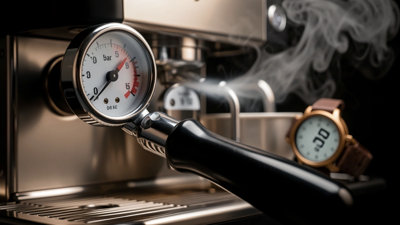 Portafilter pressure gauge showing 9 bar with pre-infusion timer