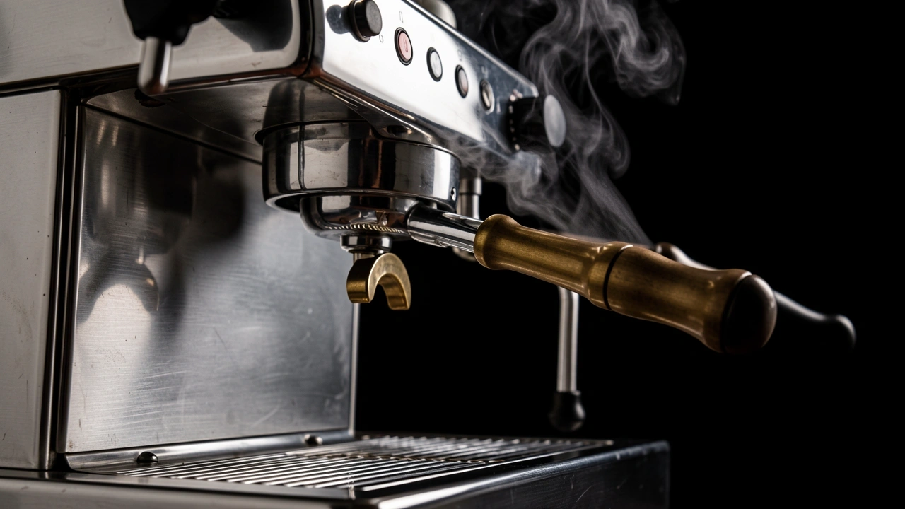 Close-up of a manual lever espresso machine with steam and lever in action.