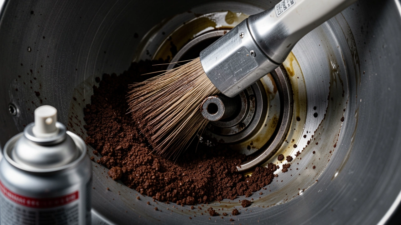 Brush sweeping coffee grounds outward from grinder chamber with compressed air can nearby