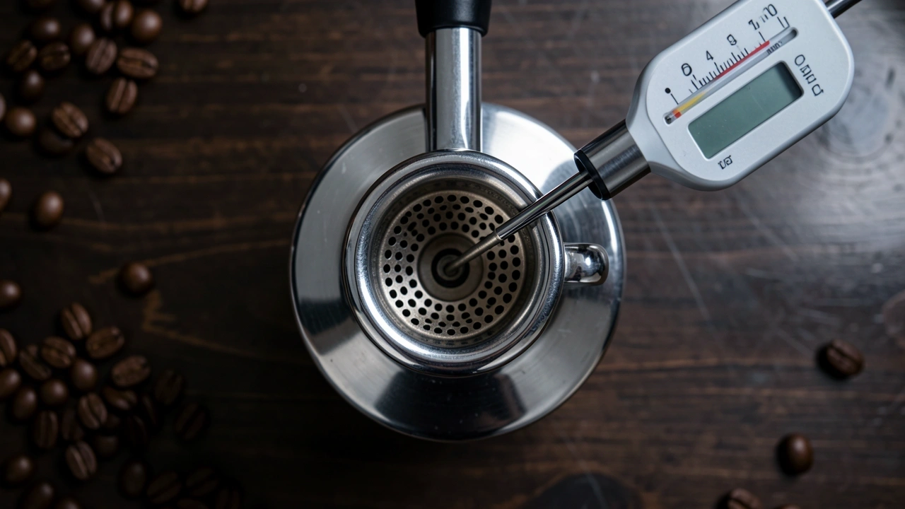 Overhead view of espresso machine grouphead with digital thermometer probe measuring water temperature.