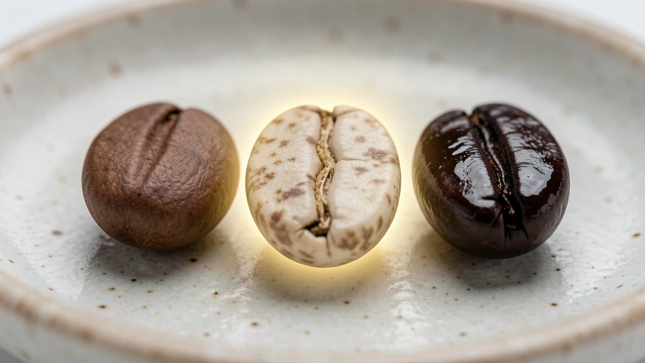 Three coffee beans showing medium roast highlighted between light and dark roast beans
