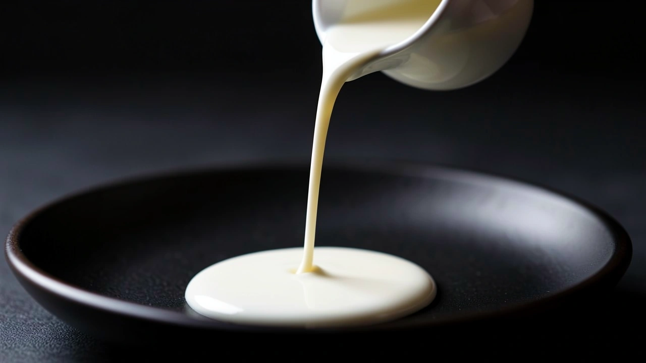 Thin stream of milk poured onto saucer to test microfoam quality