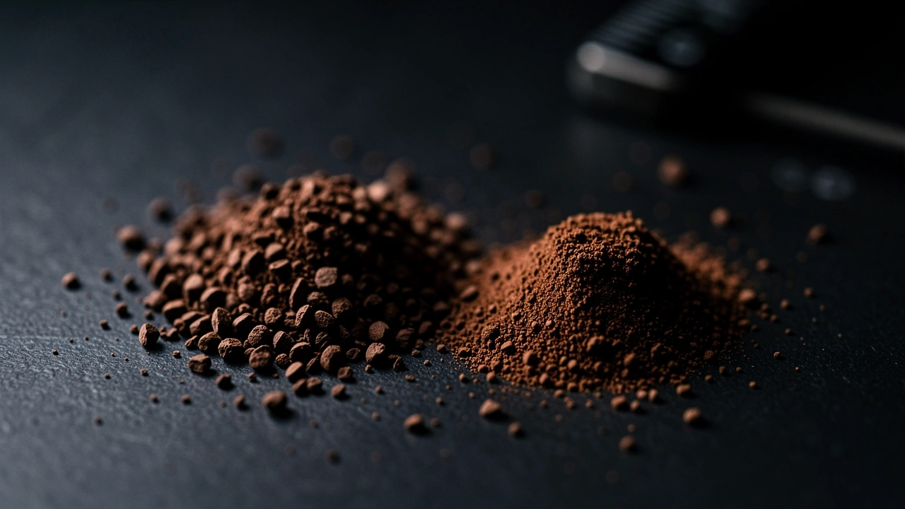 Coffee Ground Micron Difference Macro Shot Macro shot of coffee grounds comparing fine versus slightly coarser particles.