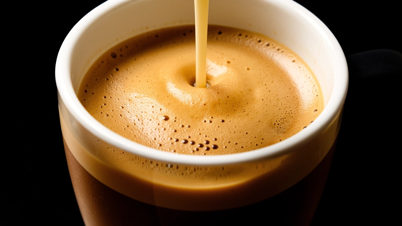 Milk integrating with espresso crema during pour