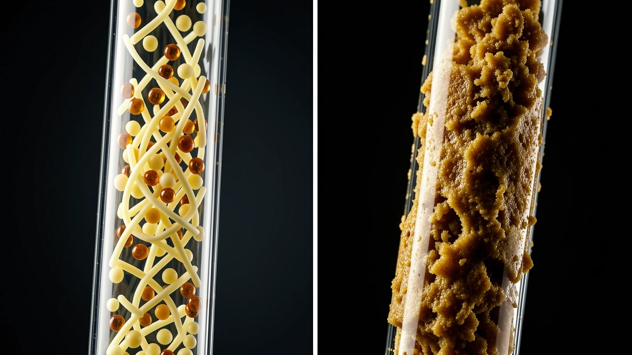 Microscopic comparison side-by-side of milk particles and crusty residue from milk buildup.