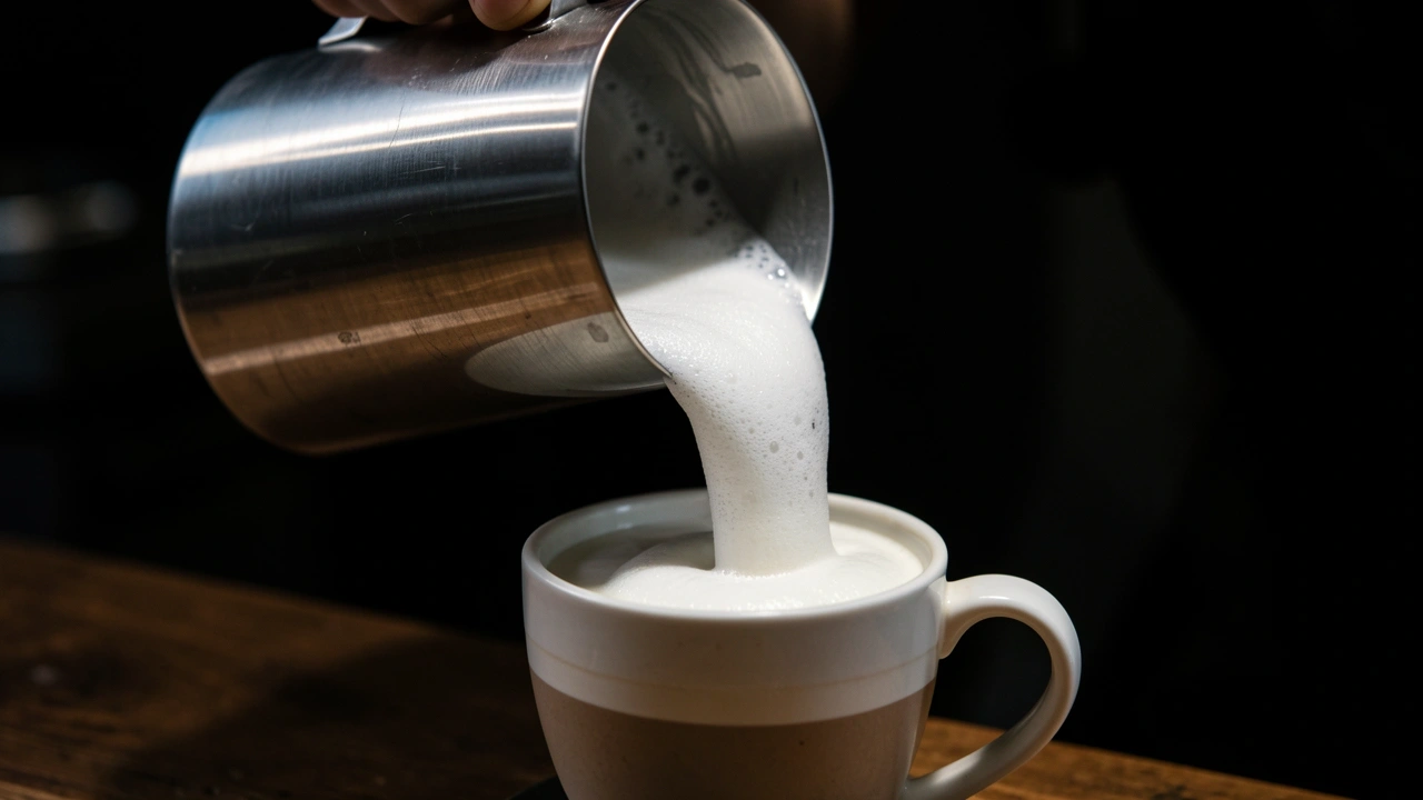 Milk separating into foam and liquid during a latte pour
