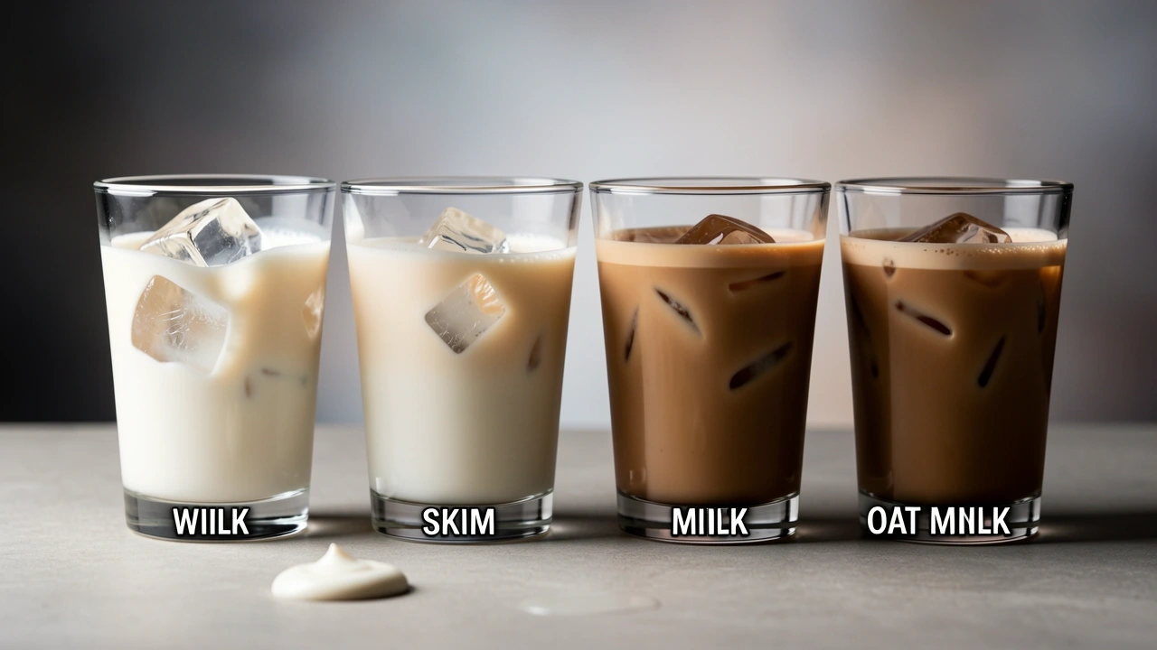 Milk type comparison for slower ice melt Row of iced latte glasses comparing whole skim oat almond milk ice melt