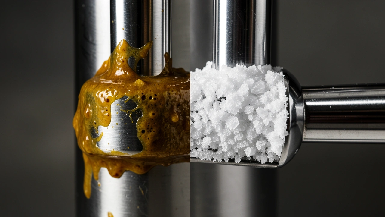Showed contrast between milk film stains and chalky limescale buildup on a steam wand.
