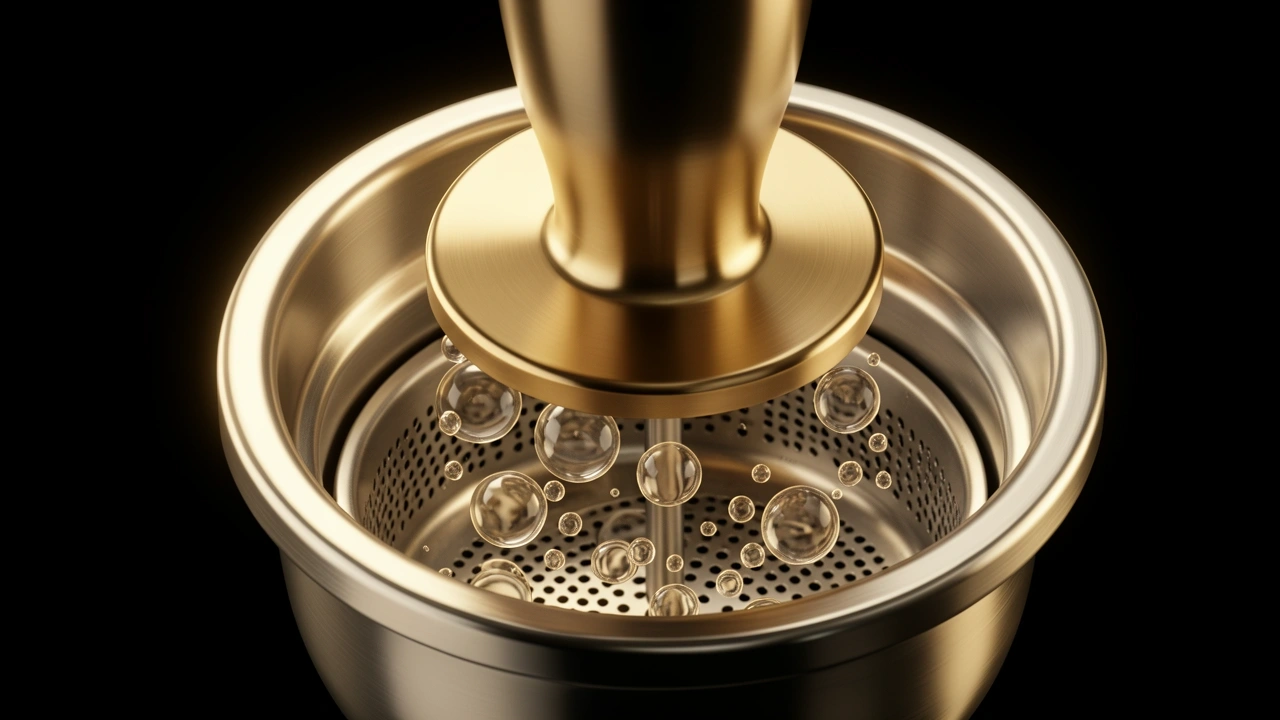 Close-up view of tamper compressing coffee puck with air pockets disappearing under pressure