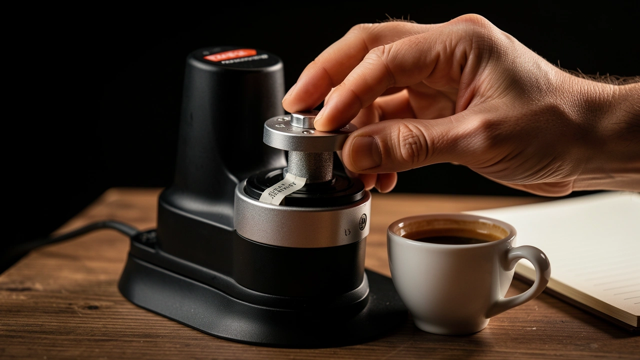 Debunking Myths About Stepless Grinders Hand adjusting stepless grinder with tape mark, espresso and notepad nearby.