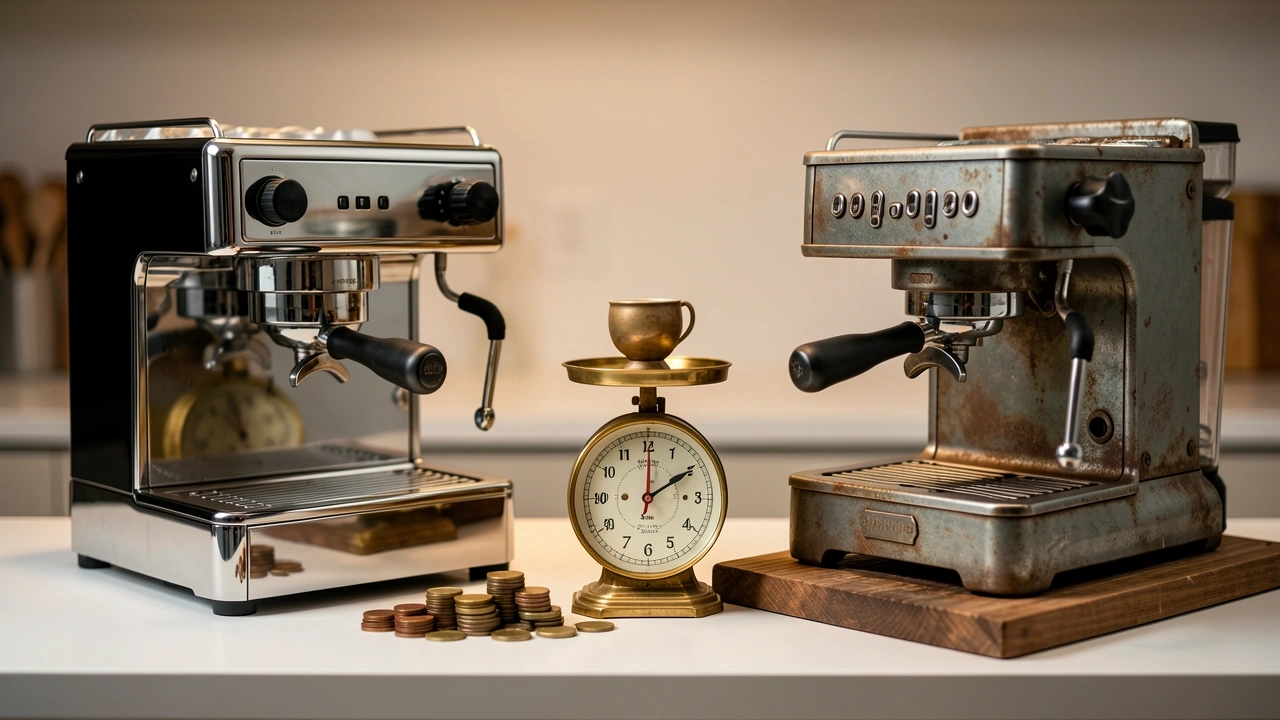 Side-by-side comparison of a new espresso machine and a classic used machine with coins on a scale.