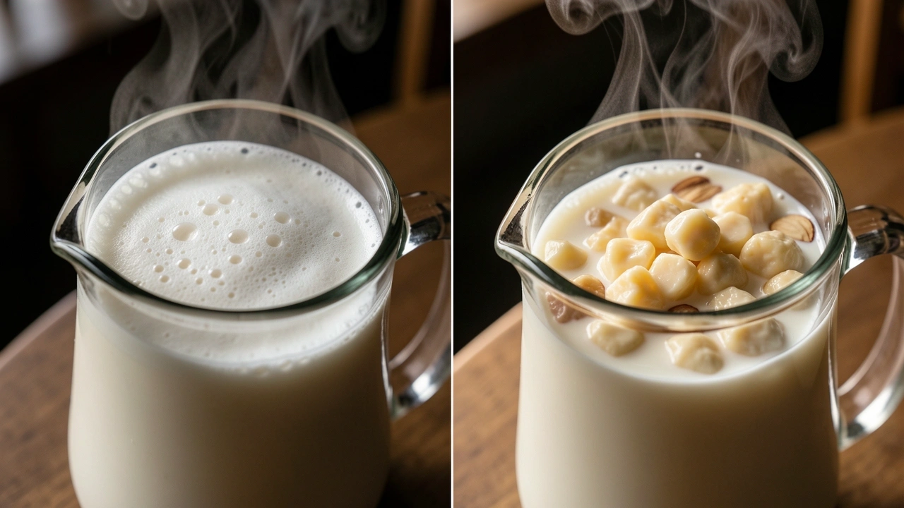 Oat vs Almond Milk Structure Under Heat Comparison of smooth oat milk foam versus separated almond milk curds showing temperature effects