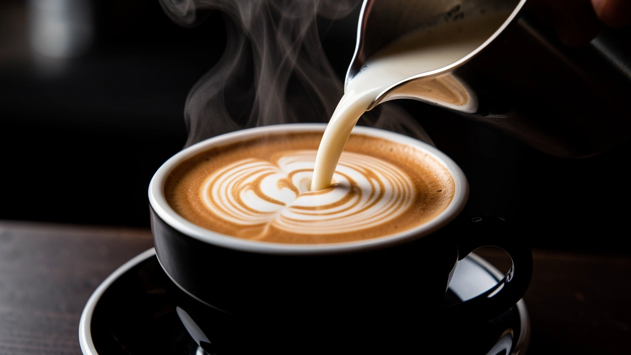 Latte Art with Oat Milk at Optimal Temperature Pouring rosetta latte art with oat milk at 62°C showing thick creamy lines