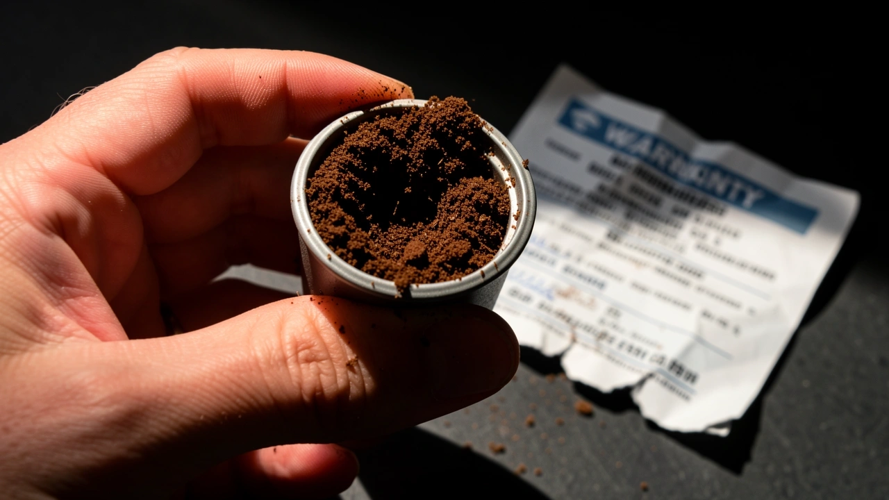 Hand holding overfilled reusable pod with coffee spilling, crumpled warranty paper in background