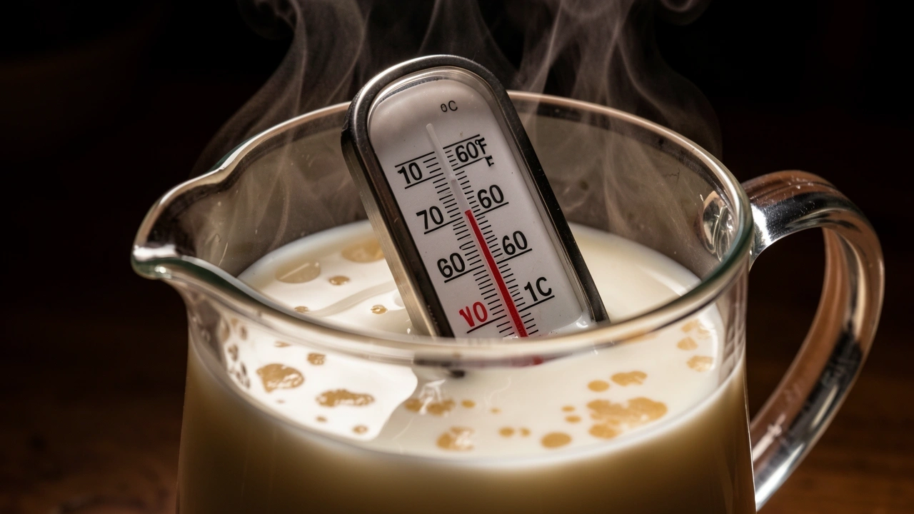 Thermometer showing 160°F in pitcher of overheated milk