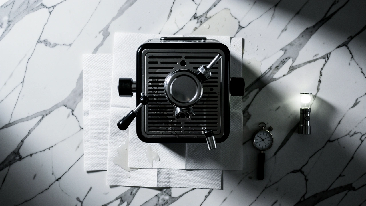 Top-down view of espresso machine with paper towels and stopwatch for leak diagnosis.