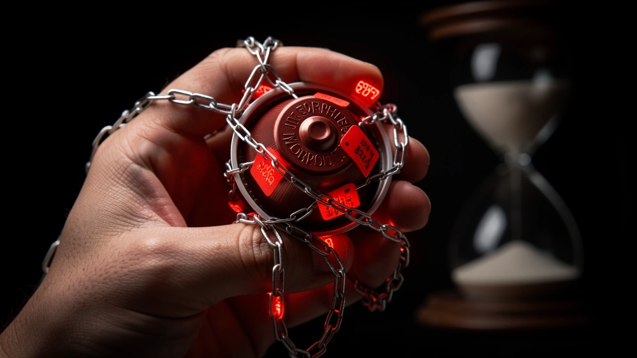 Hand holding capsule with glowing price tags and chains symbolizing financial trap