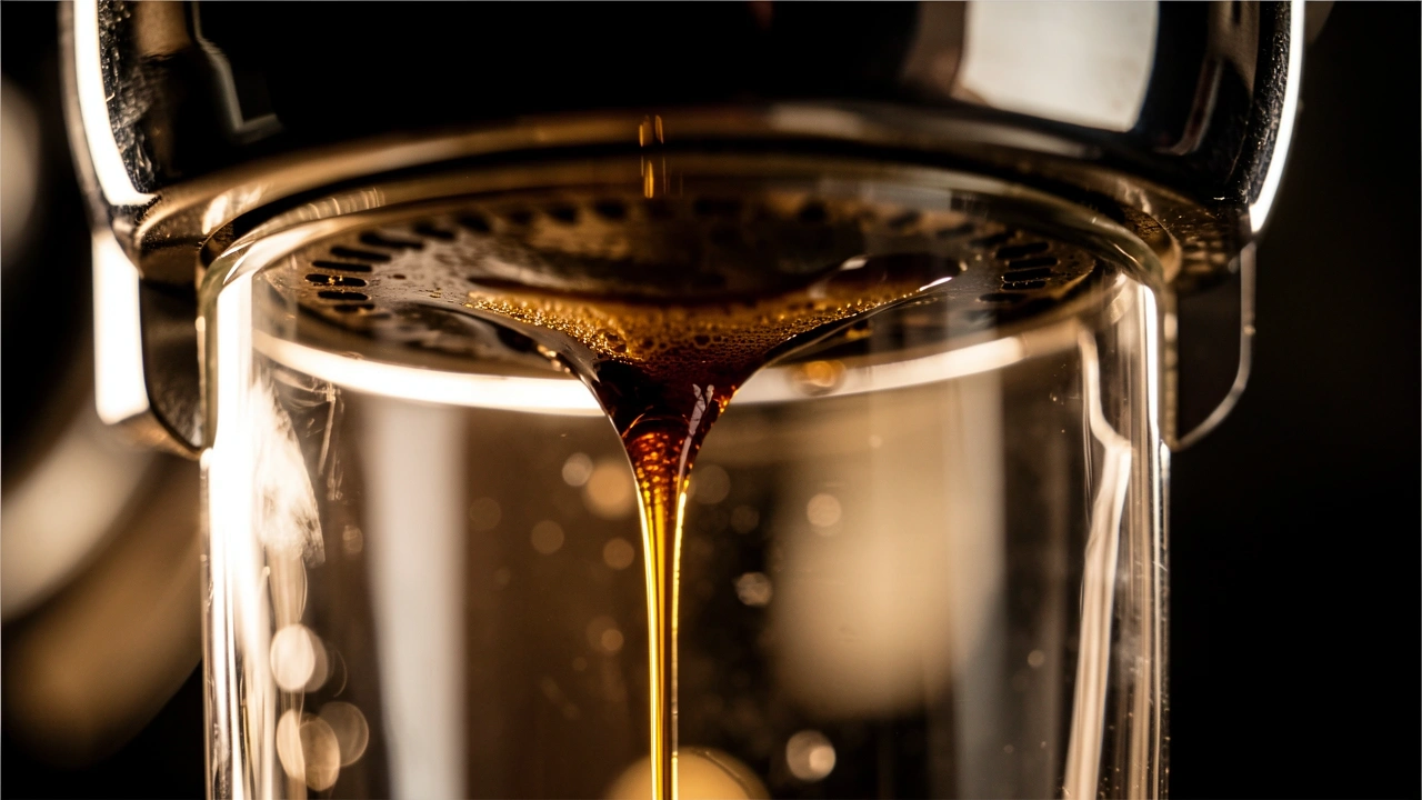 Macro shot of golden brown crema dripping from espresso machine.